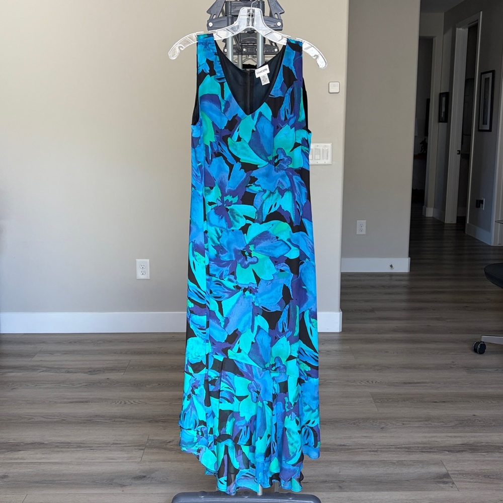 Chico’s Watercolor Teal/Black Floral Ruffle Maxi Dress (Size 1)
